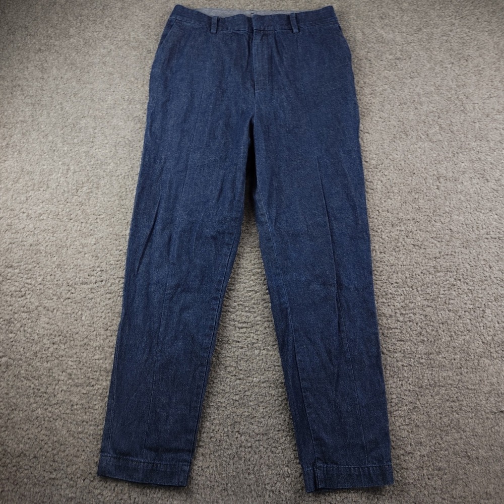 Uniqlo Chambray Pants Womens Sz 4 Blue Cotton Trousers Capri High Waisted EUC